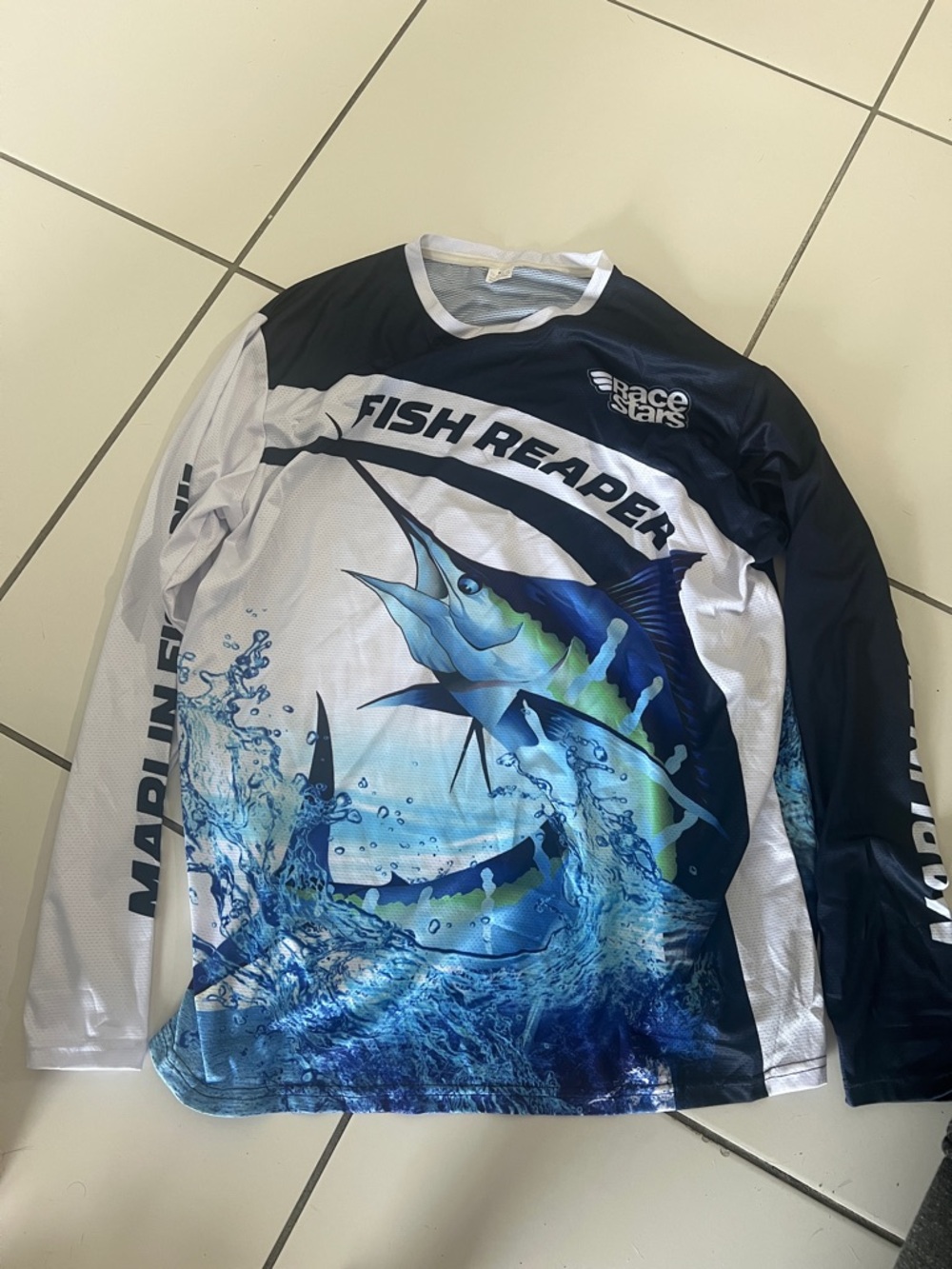 SHEIN Men's Long Sleeve Graphic Shirt - Navy & White with Blue Marlin Print